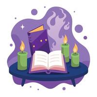 An open book with candles and a book on a table vector