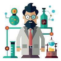 A man with a beard and glasses is surrounded by science equipment vector