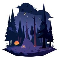 Night forest with campfire and trees vector