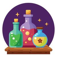 Three bottles of magic potion on a table vector