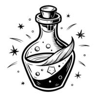 A black and white drawing of a bottle with a magic potion inside vector