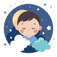 A boy sleeping on clouds with stars and moon vector