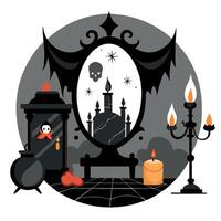 Halloween background with a mirror, candles and a skull vector
