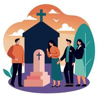 People standing around a grave with a cross on it vector