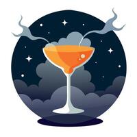 A cocktail with smoke coming out of it on a dark background vector