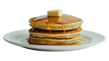 Pancakes with syrup and butter on a white plate png