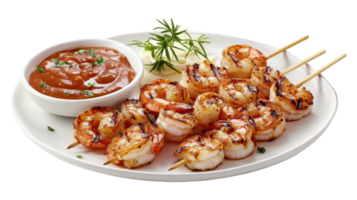 Grilled shrimp skewers with dipping sauce png