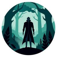 A man in a black coat standing in the woods vector