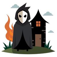 A grim reaper in a hooded cloak standing in front of a house vector