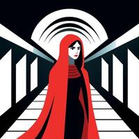 A woman in a red cloak is walking through a tunnel vector