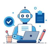 A robot is working on a laptop and checking a checklist vector
