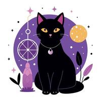 Black cat with a dream catcher and moon in the background vector