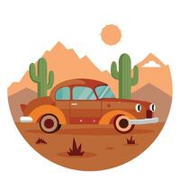 An old car is parked in the desert with cactus vector
