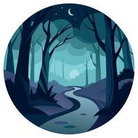 A forest with a path and moon in the background vector