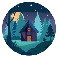 A house in the woods at night with a moon and stars vector