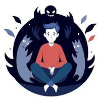 A man sitting in a circle surrounded by monsters vector