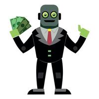 A cartoon robot holding money and a suit vector