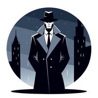 A man in a trench coat and hat stands in front of a city vector