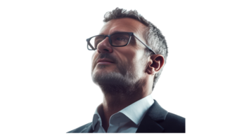 A man with glasses and a suit looking up png