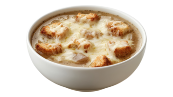A bowl of soup with bread and cheese png