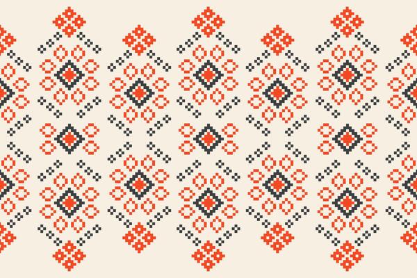 Brown cream color motif pattern pixel cross stitch pattern fabric.