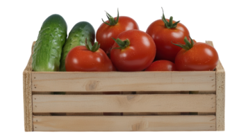 A wooden crate with tomatoes and cucumbers png