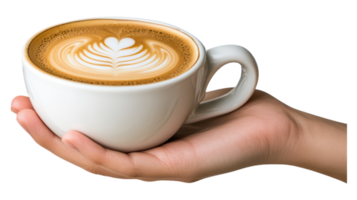 A person holding a cup of coffee with a heart design png