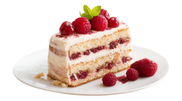 A piece of cake with raspberries on top png
