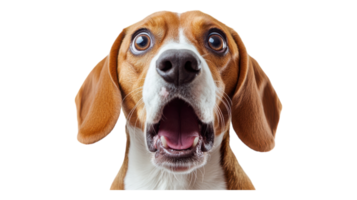 A surprised beagle with wide eyes and an open mouth shows an expressive reaction, captured indoors with a plain background. png