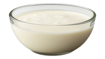 Freshly poured creamy substance inside a clear glass bowl located on a neutral background in a well-lit kitchen setting. png