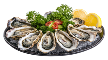 Freshly shucked oysters served on a bed of ice with lemon wedges and garnished with parsley and tomatoes. png