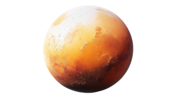 A detailed depiction of Mars showcasing its distinct reddish surface and unique geological features against a transparent background. png