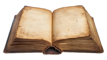 An antique open book with worn pages resting on a surface, showcasing its aged textures and historical charm. png