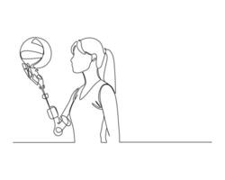 A woman with prosthetic hand hold a ball. Continuous line drawing of inclusive sport illustration for competition promotion banner element vector