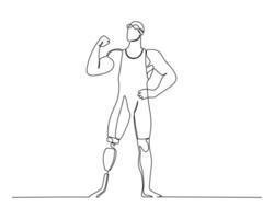 Line drawing of a person flexing their arm with confidence, wearing athletic clothing and a prosthetic leg, symbolizing strength, determination, and overcoming physical challenges vector