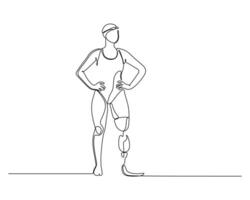 Continuous line drawing of a person standing with hands on hips, wearing a headband and tank top, and a prosthetic leg on the right side, symbolizing strength, resilience, and inclusivity vector