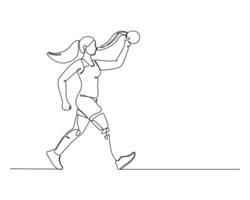Continuous line drawing of a female athlete with a prosthetic leg running and proudly holding up a medal, symbolizing strength, determination, and inclusivity in sports vector
