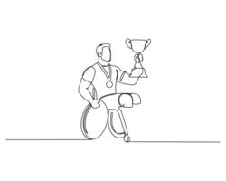 Continuous line drawing of a person in a wheelchair holding a trophy and wearing a medal. The minimalistic style highlights achievement, perseverance, and inclusivity in sports competitions vector
