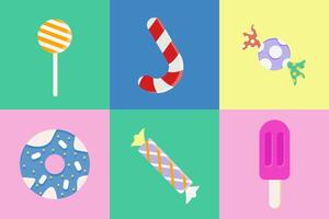 Set of colourful sweet icons. Candy cane, lollipop, donut, candies, ice cream trendy elements. Each design isolated. vector