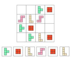 Sudoku for kids with colorful block shapes. Game for kids worksheet. Find the right next image. Children puzzle entertainment. Ready to print game. What comes next activity page. vector