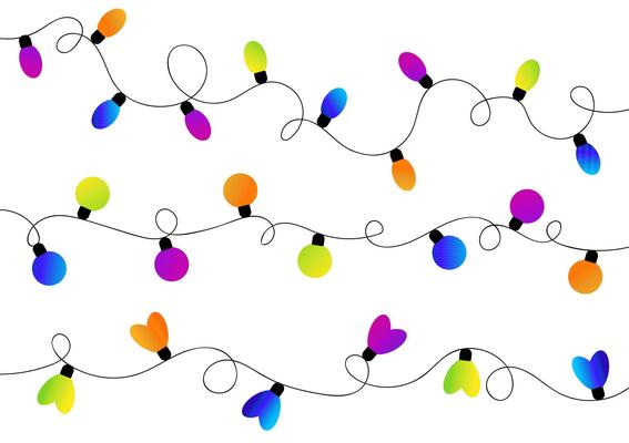 Christmas colorful garland lights set. Bright gradient light bulbs on curvy ropes. Each design isolated on white background.