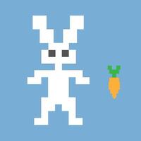 Pixelated hare with carrot isolated on blue background. vector