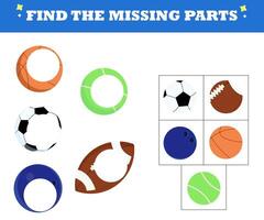 Matching game for kids with sport balls. Find the missing parts logic task. Match the right picture. Educational and funny game for children. vector