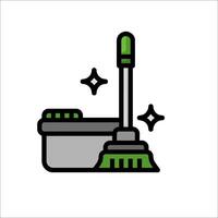 A green and white icon of a broom and a bucket vector
