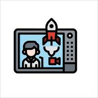 A man is sitting in front of a computer monitor with a rocket on it vector
