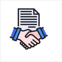 Handshake icon with a document on top of it vector