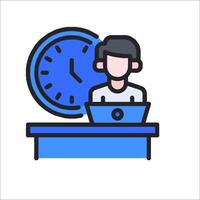A man sitting at a desk with a clock on the wall vector