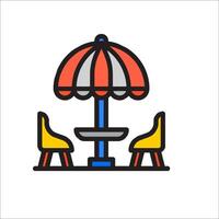 A restaurant table and chairs under an umbrella vector