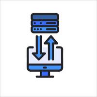 A computer with a blue arrow pointing to it vector