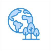 A blue line icon of trees and a globe vector